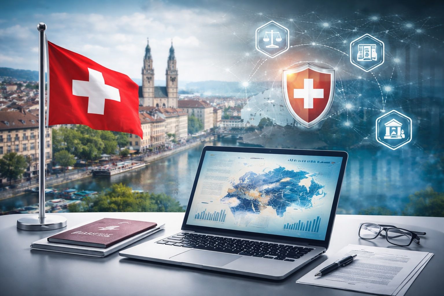 Swiss flag over a laptop with a fintech dashboard and compliance icons