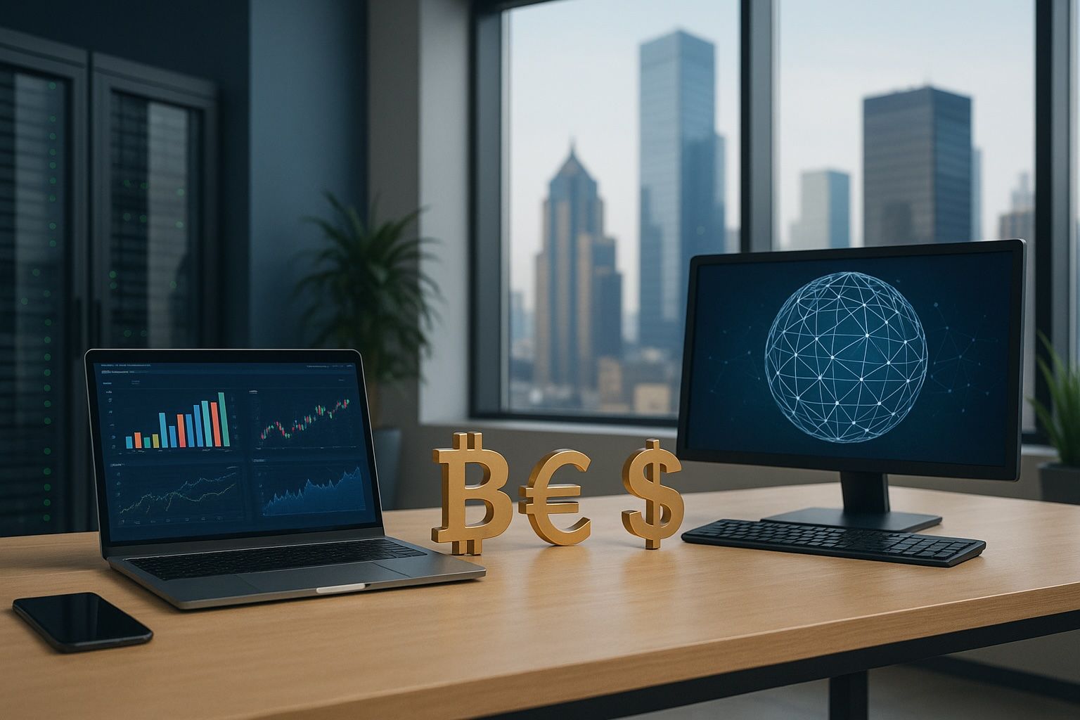 Office desk with market charts on screen and gold bitcoin, euro and dollar signs