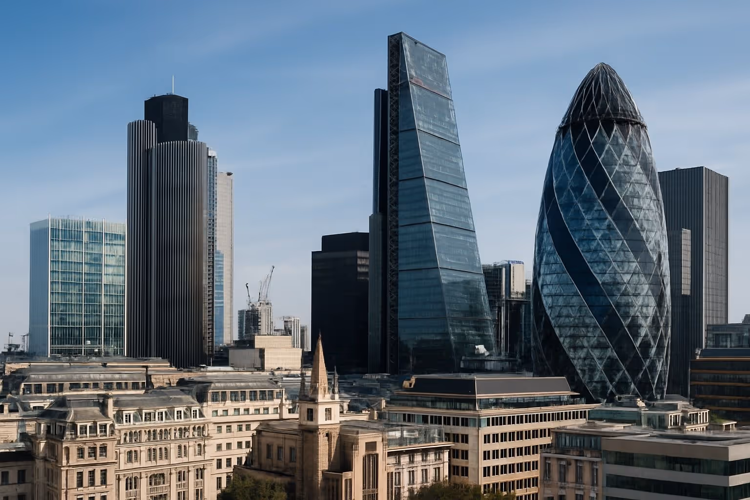 Лондонский Сити с башнями Gherkin и Leadenhall над каменным офисным зданием