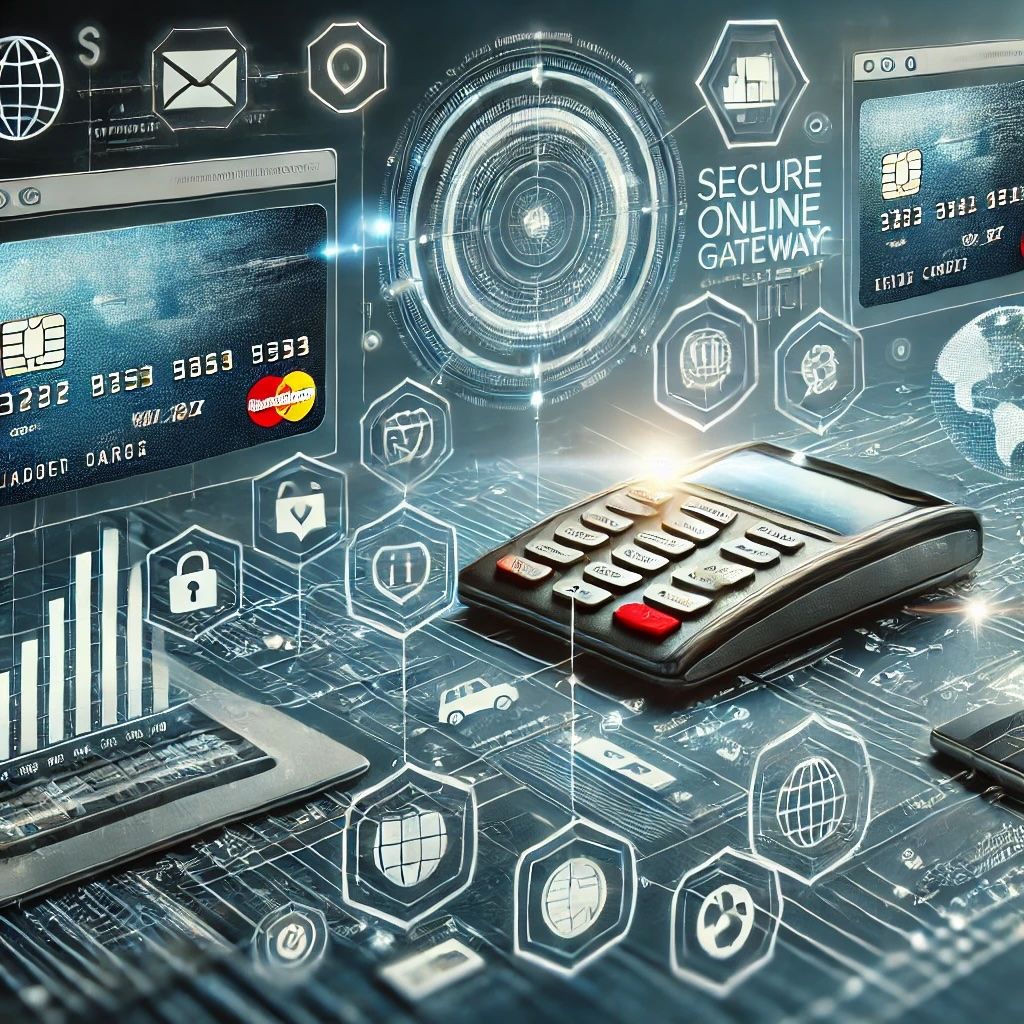 Dark circuit-board style illustration of a payment gateway processing flows