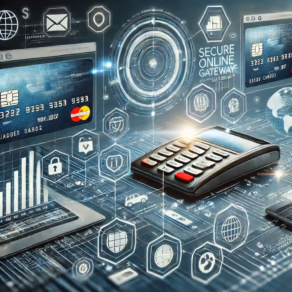 Dark circuit-board style illustration of a payment gateway processing flows