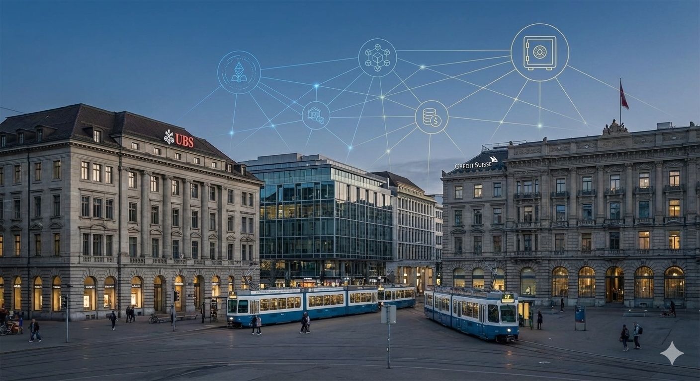 Zurich Paradeplatz bank facades with blue trams and a fintech icon overlay