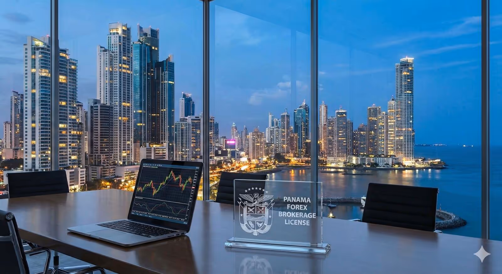 Office desk with laptops facing Panama City waterfront towers at dusk