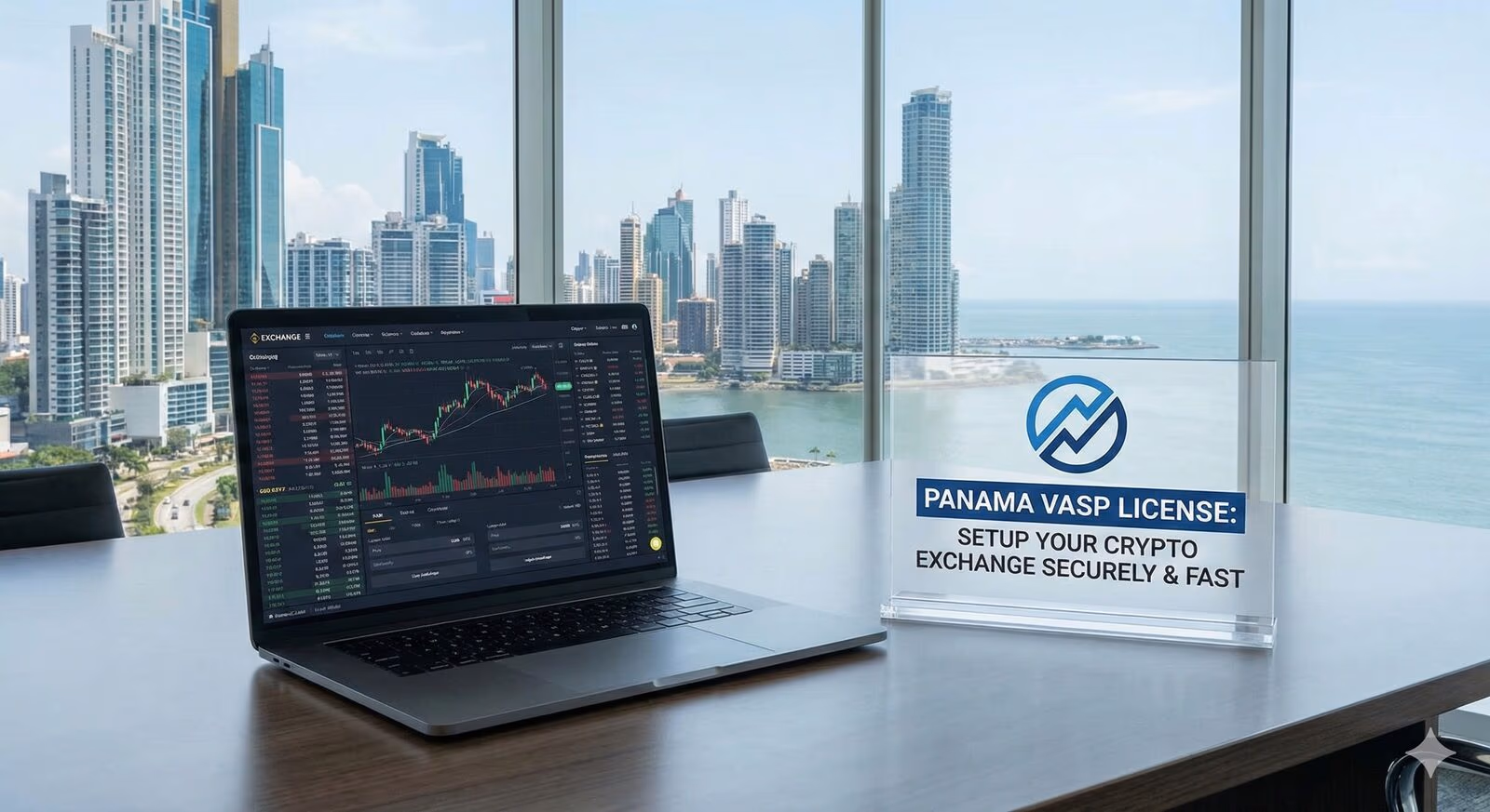 Trading laptop beside a Panama VASP licence card, city towers through the window