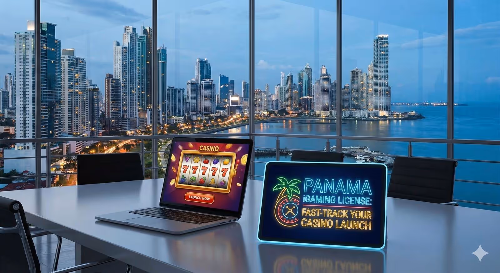 Rooftop lounge with a neon sign overlooking Panama City bay at dusk