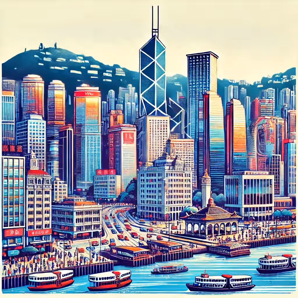 Illustrated Hong Kong skyline across the harbour with boats in the foreground