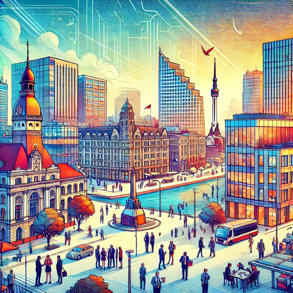 Illustrated Riga old town with church spires and a construction crane