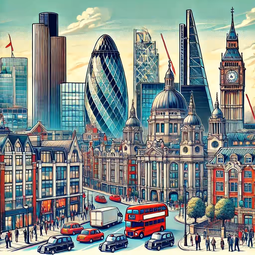Иллюстрация панорамы Лондона с Биг-Беном, башней Gherkin и красными автобусами