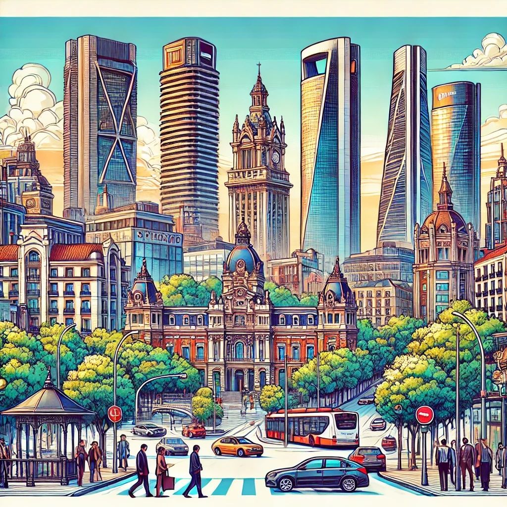 Illustrated Madrid boulevard with Gran Via towers and street traffic