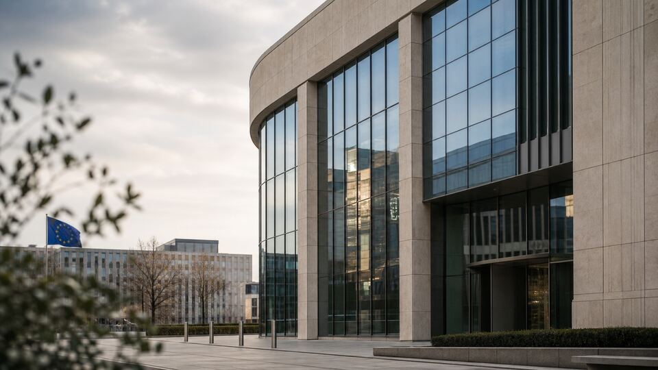 Modern glass-fronted institutional building with an EU flag visible outside