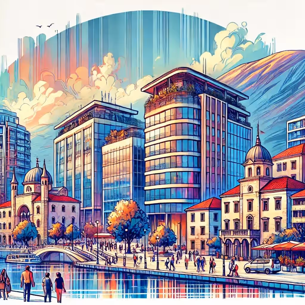 Illustrated Montenegrin coastal town with red roofs along the waterfront