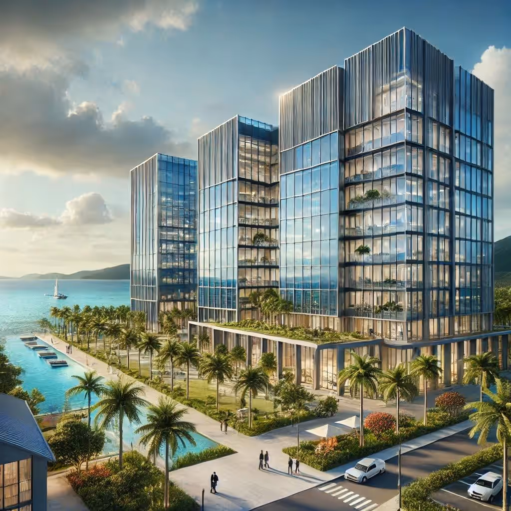 Modern glass office building among palm trees under a clear sky