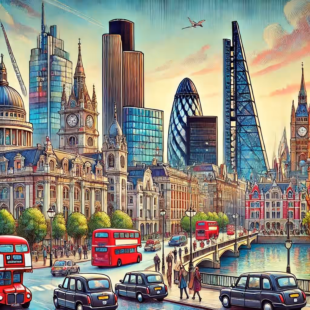 Иллюстрация Лондона с башней Gherkin, Биг-Беном и красными автобусами на мосту