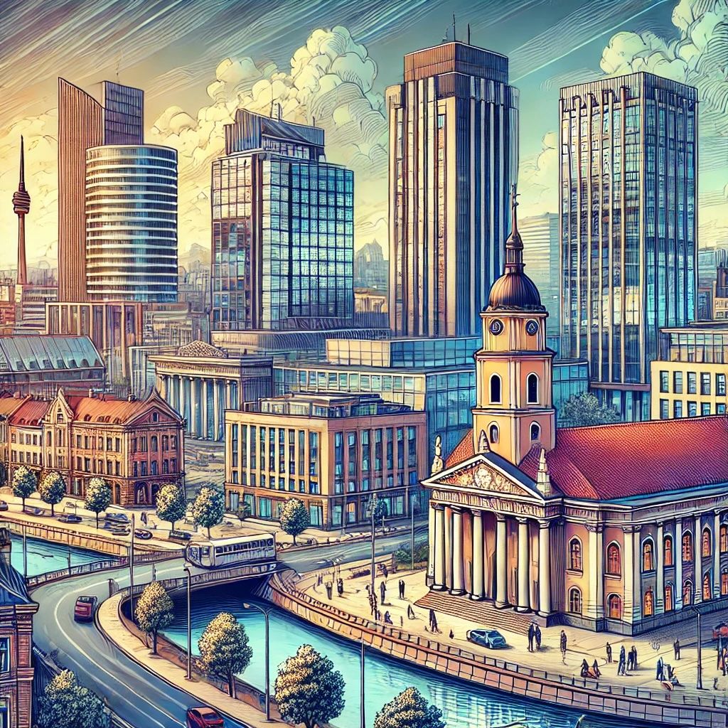 Illustrated Vilnius skyline with cathedral bell tower and river